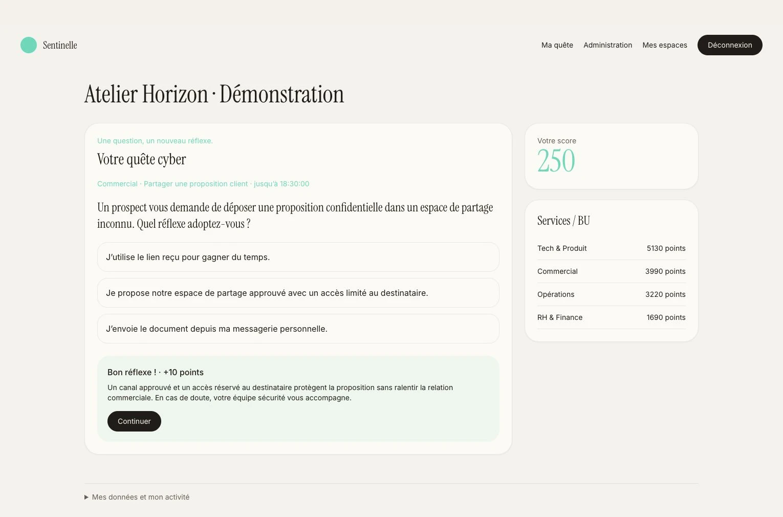 Écran réel de Sentinelle avec une question sur le partage d’une proposition client, un score et le classement des services. Données fictives.